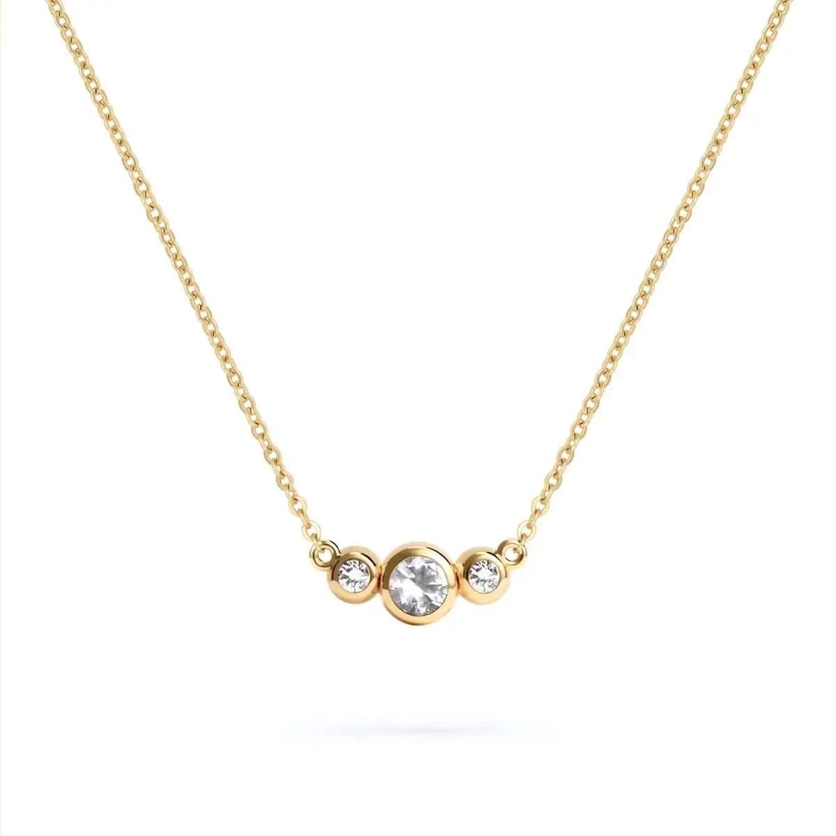 Barrington 3 Stone Necklace featuring a 4 mm round cut White Topaz center stone framed by two 2 mm round cut Diamonds bezel set in 14k yellow gold on a saffron chain - front view.