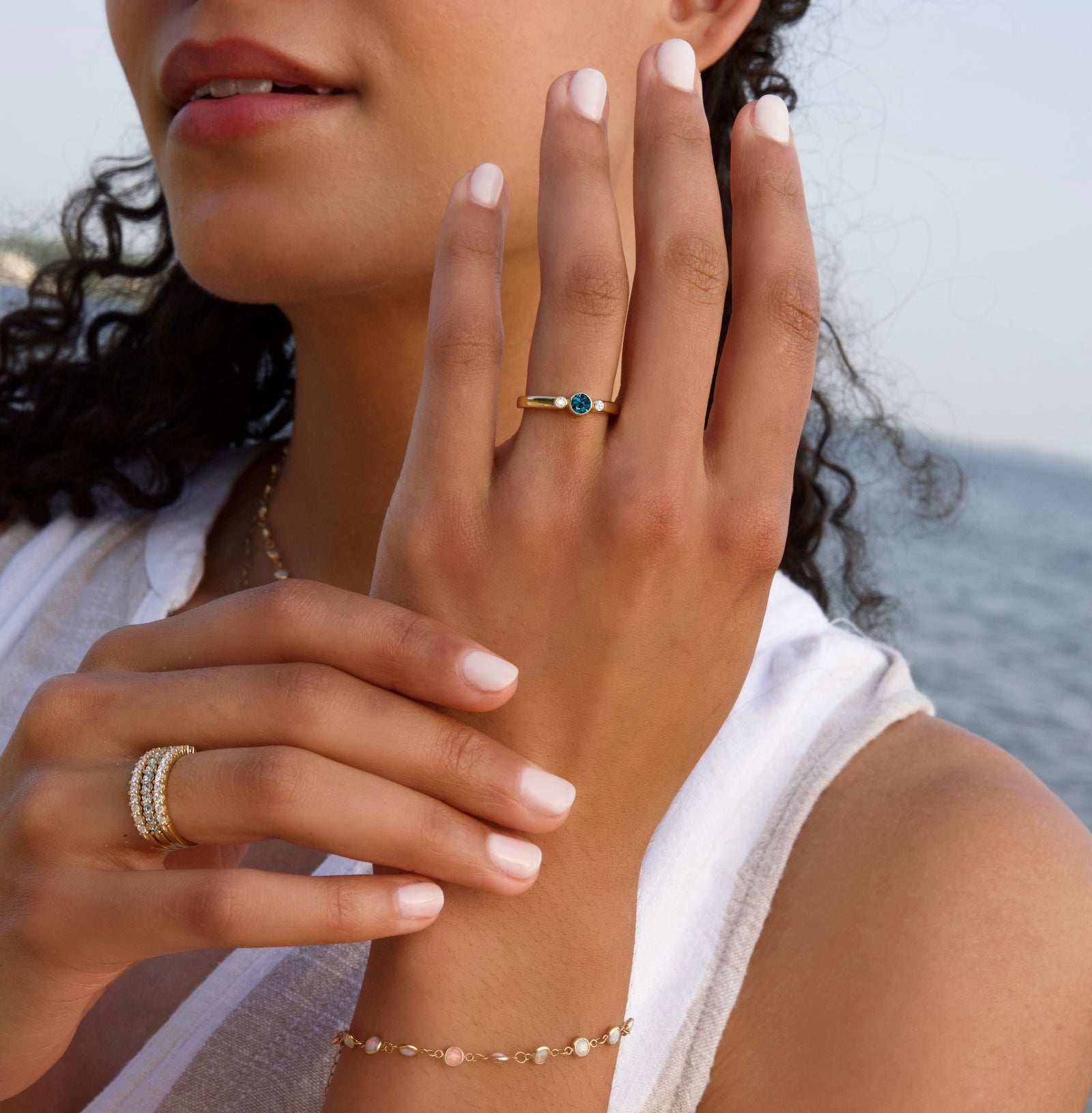 Barrington Atlantic Blue Topaz Ring with Diamond Side Stones in 14k Gold (December)