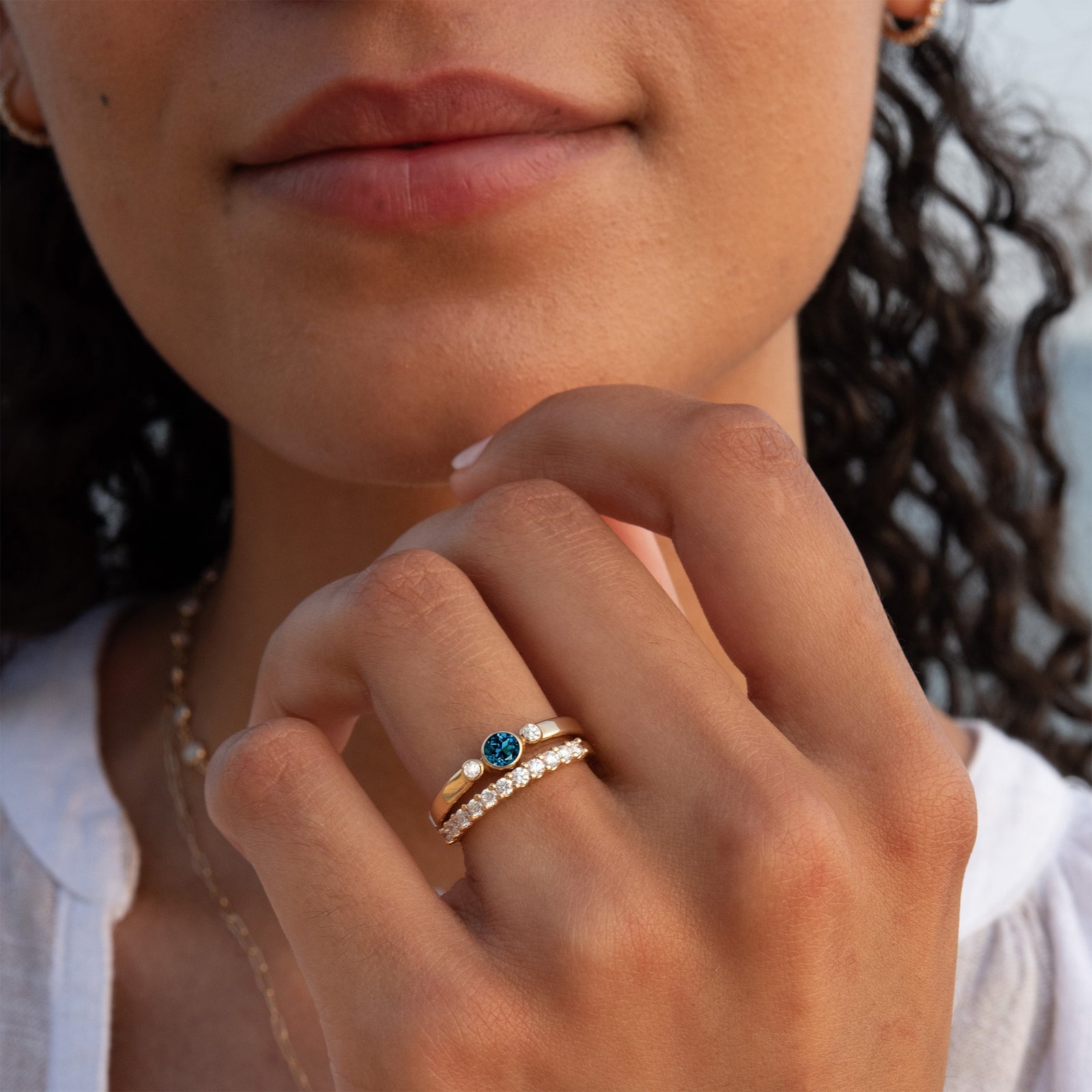 Barrington Atlantic Blue Topaz Ring with Diamond Side Stones in 14k Gold (December)