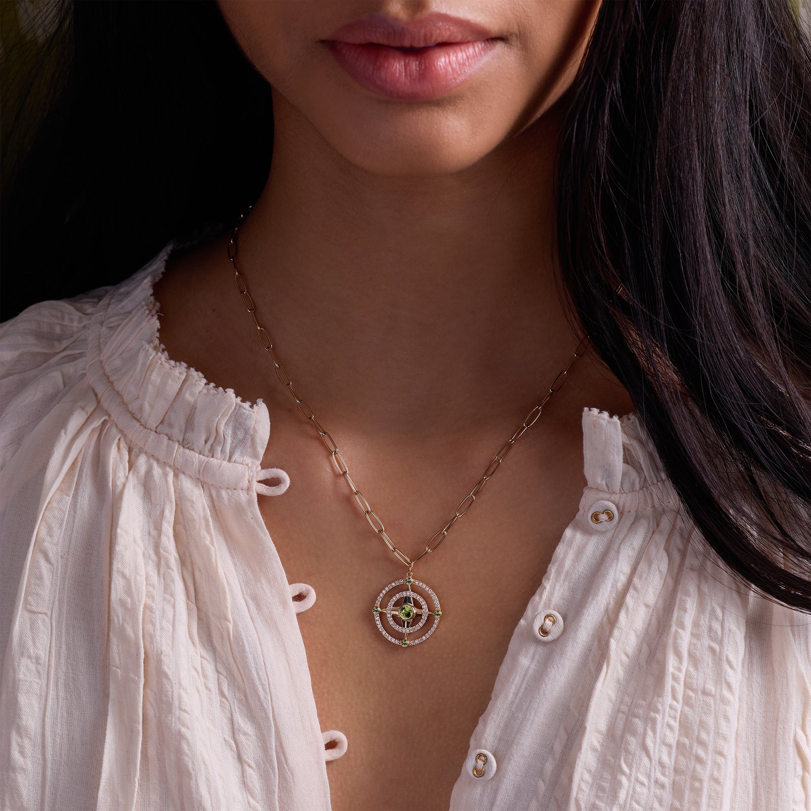 Compass Peridot & Diamond Pendant in 14k Gold (August)