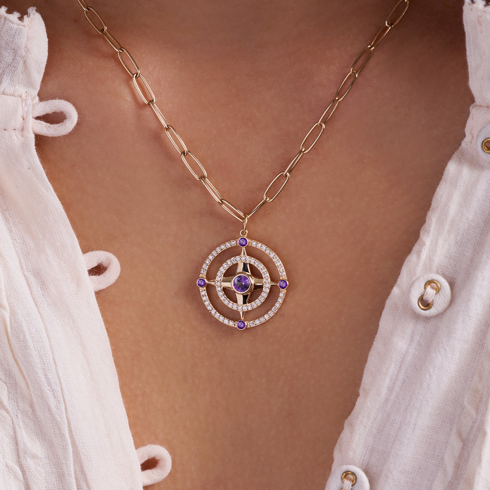 Compass Amethyst & Diamond Pendant in 14k Gold (February)