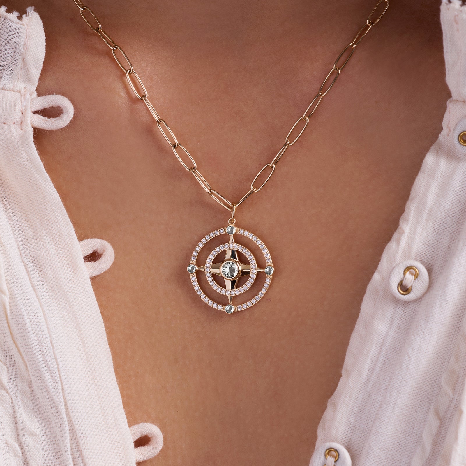 Compass White Topaz & Diamond Pendant in 14k Gold (April)