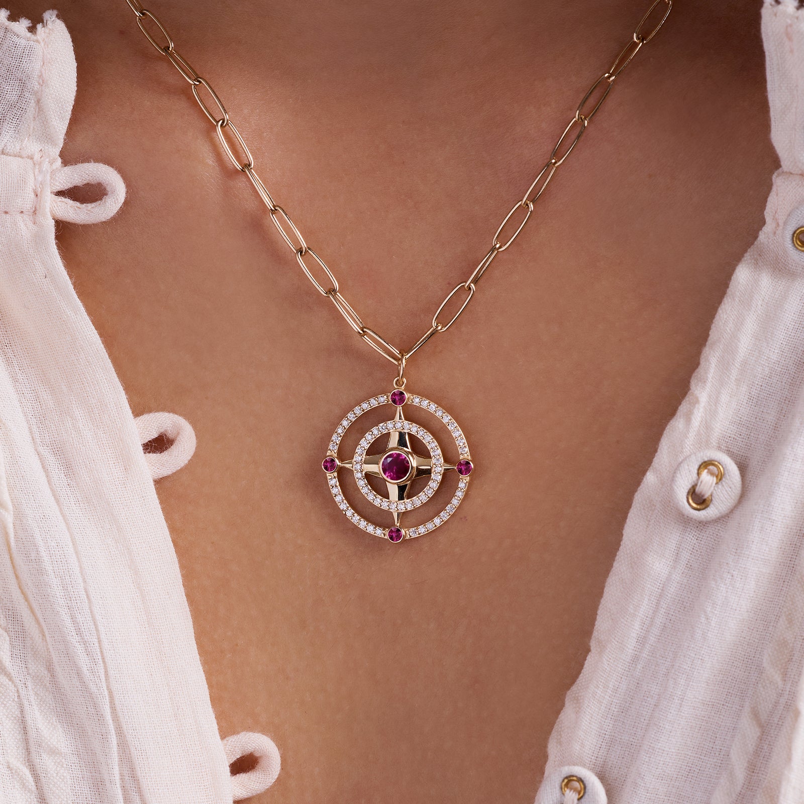 Compass Ruby & Diamond Pendant in 14k Gold (July)