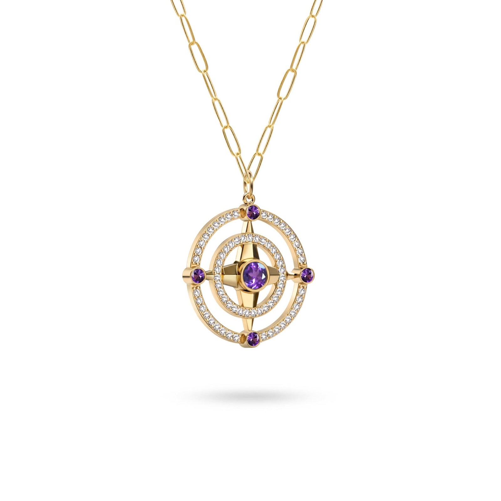Compass Amethyst & Diamond Pendant in 14k Gold (February)