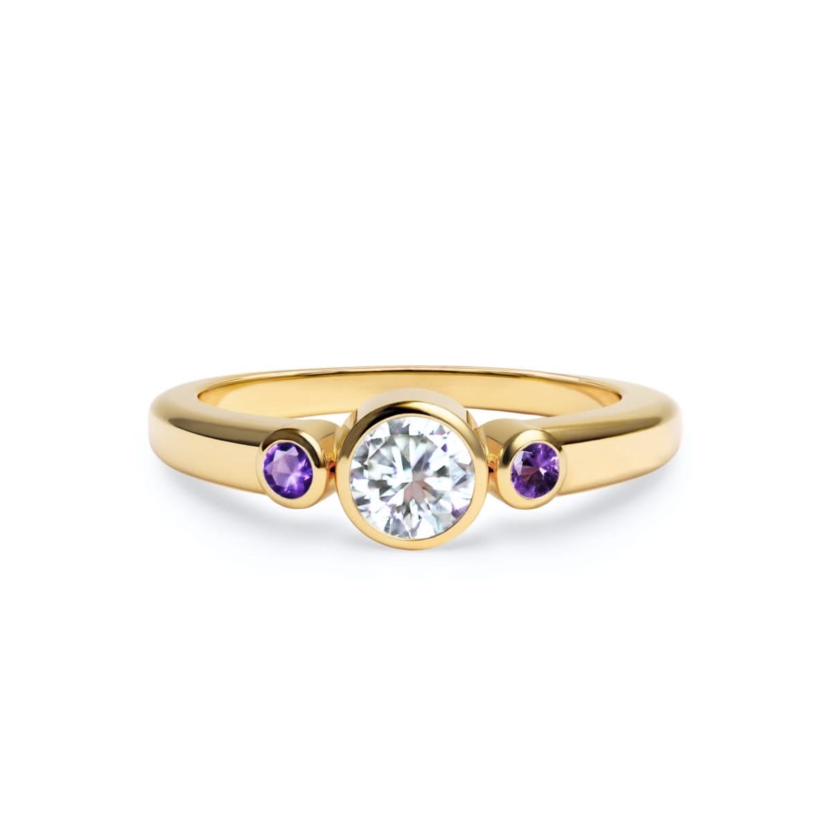 Barrington Diamond Ring with Amethyst Side Stones in 14k Gold (February)