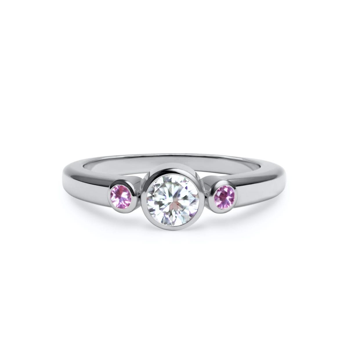 Barrington Diamond Ring with Pink Sapphire Side Stones in 14k Gold (October)