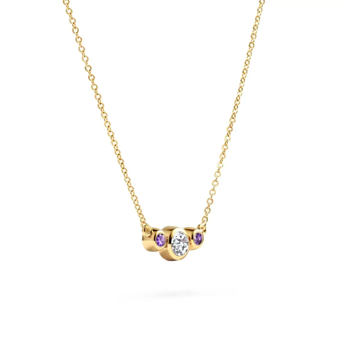 Barrington 3 Stone Necklace with bezel set 4 mm Diamond center stone and two 2 mm Amethysts in 14k yellow gold on a saffron chain – angled view.