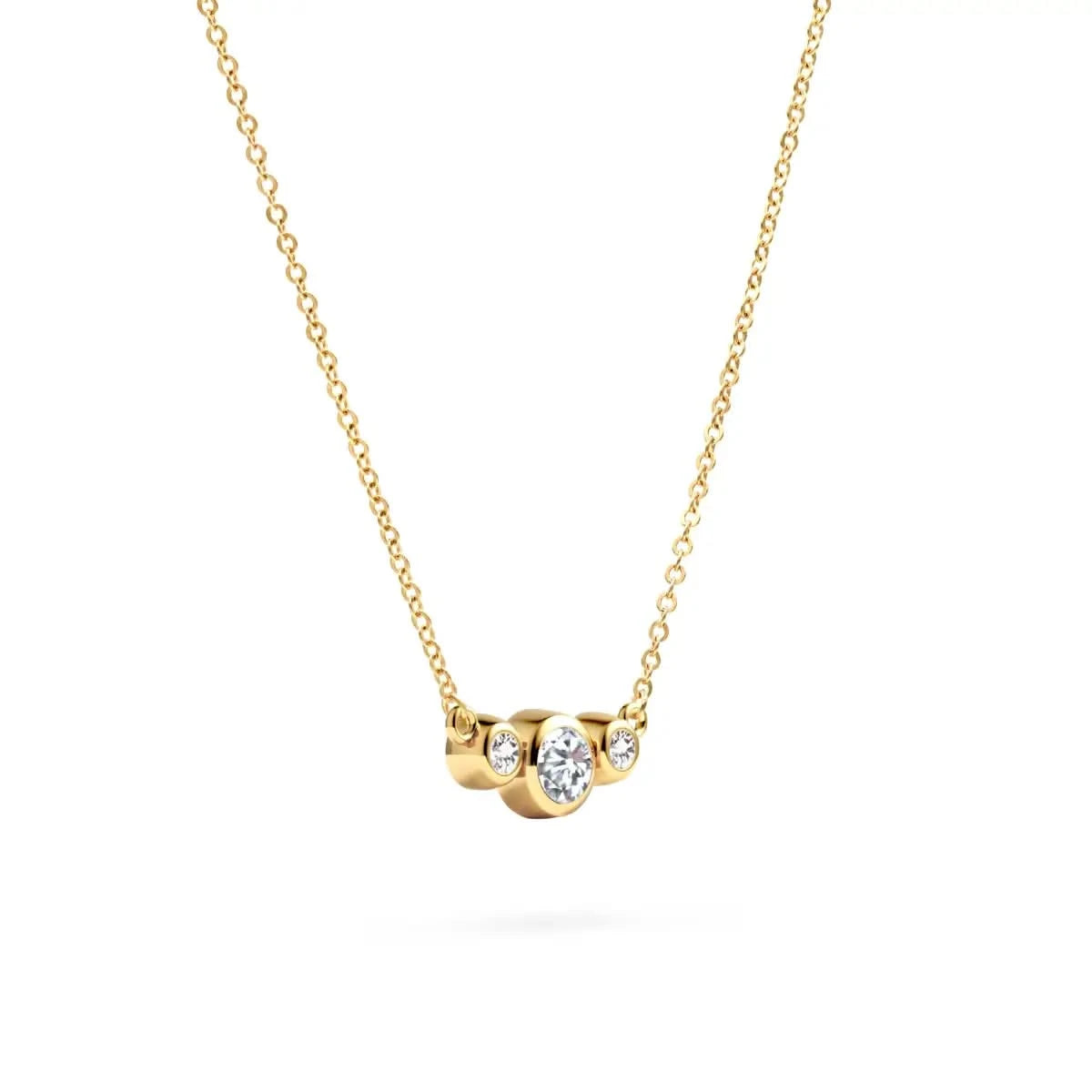 Barrington 3 Stone Necklace featuring a 4 mm round cut Diamond center stone framed by two 2 mm round cut Diamonds bezel set in 14k yellow gold on a saffron chain – angled view.
