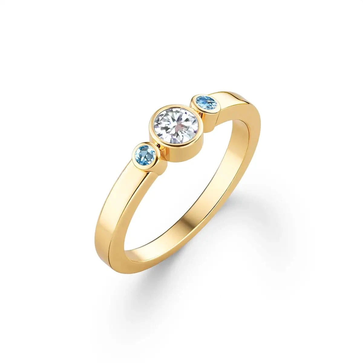 Barrington Diamond Ring with Nantucket Blue Topaz Side Stones in 14k Gold (December)