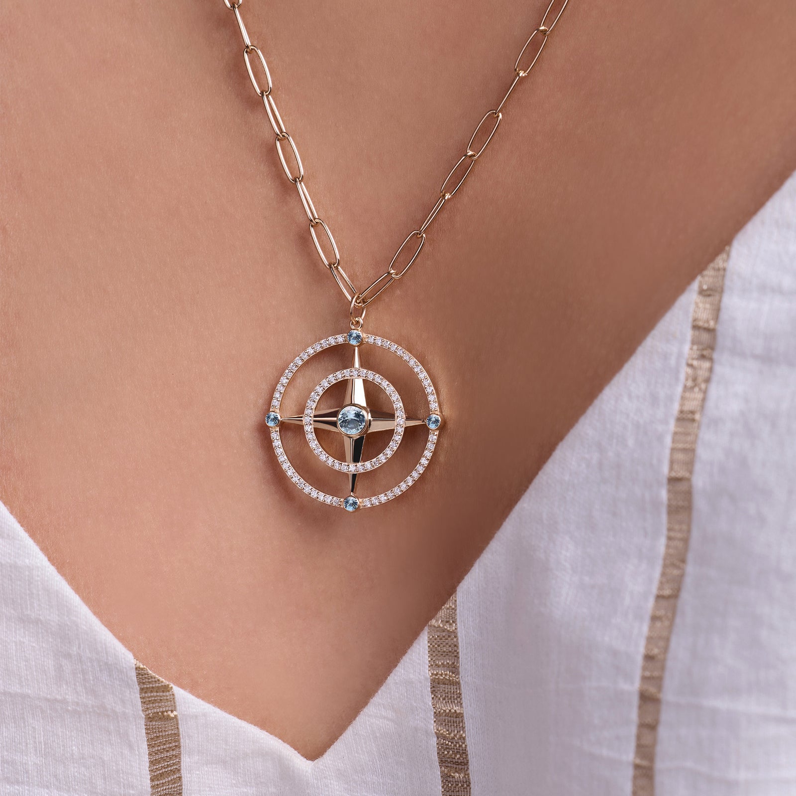Large Compass Aquamarine & Diamond Pendant in 14k Gold (March)
