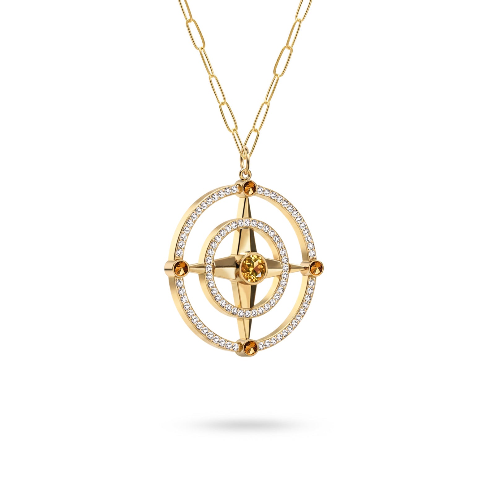 Large Compass Citrine & Diamond Pendant in 14k Gold (November)