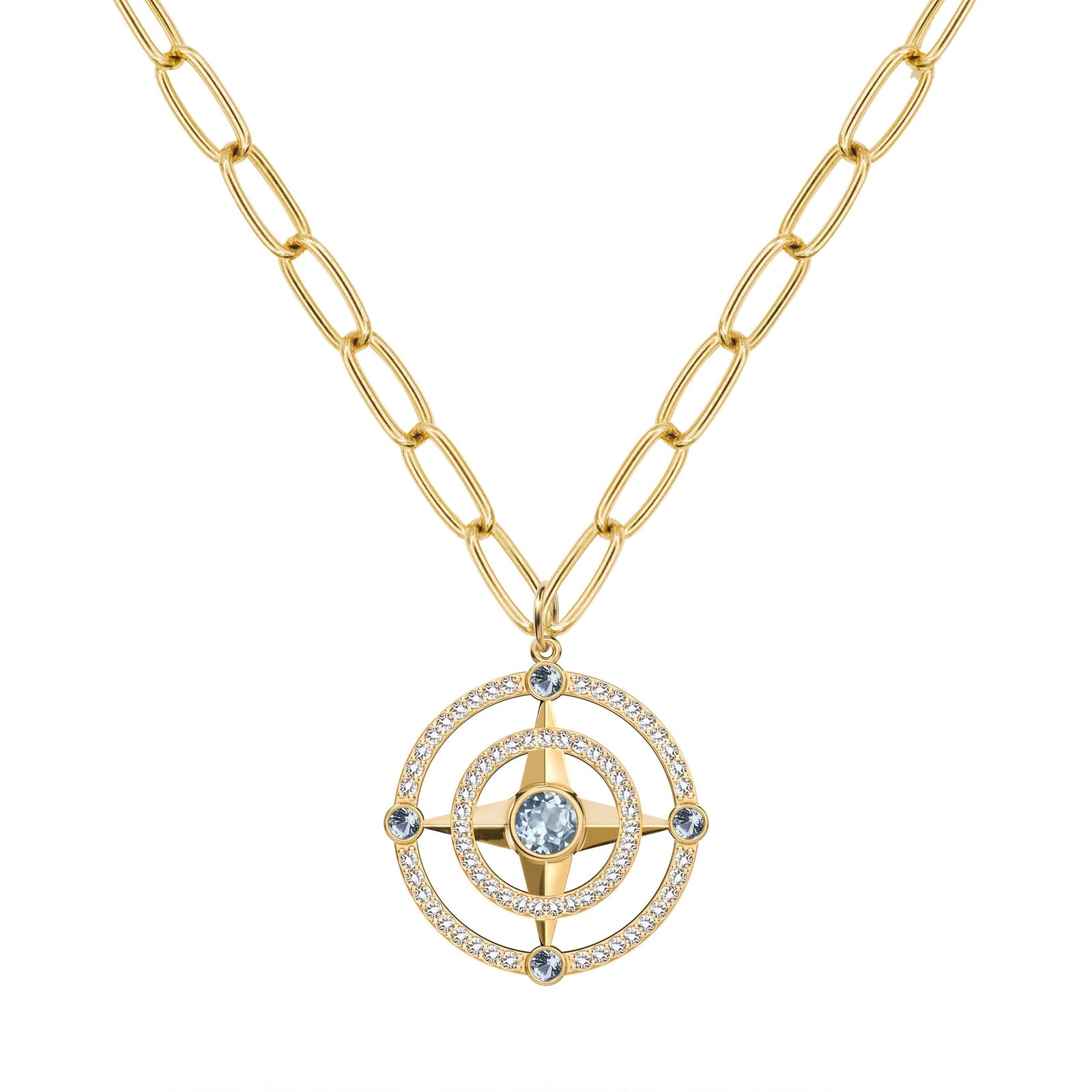 Compass Aquamarine & Diamond Pendant in 14k Gold (March)
