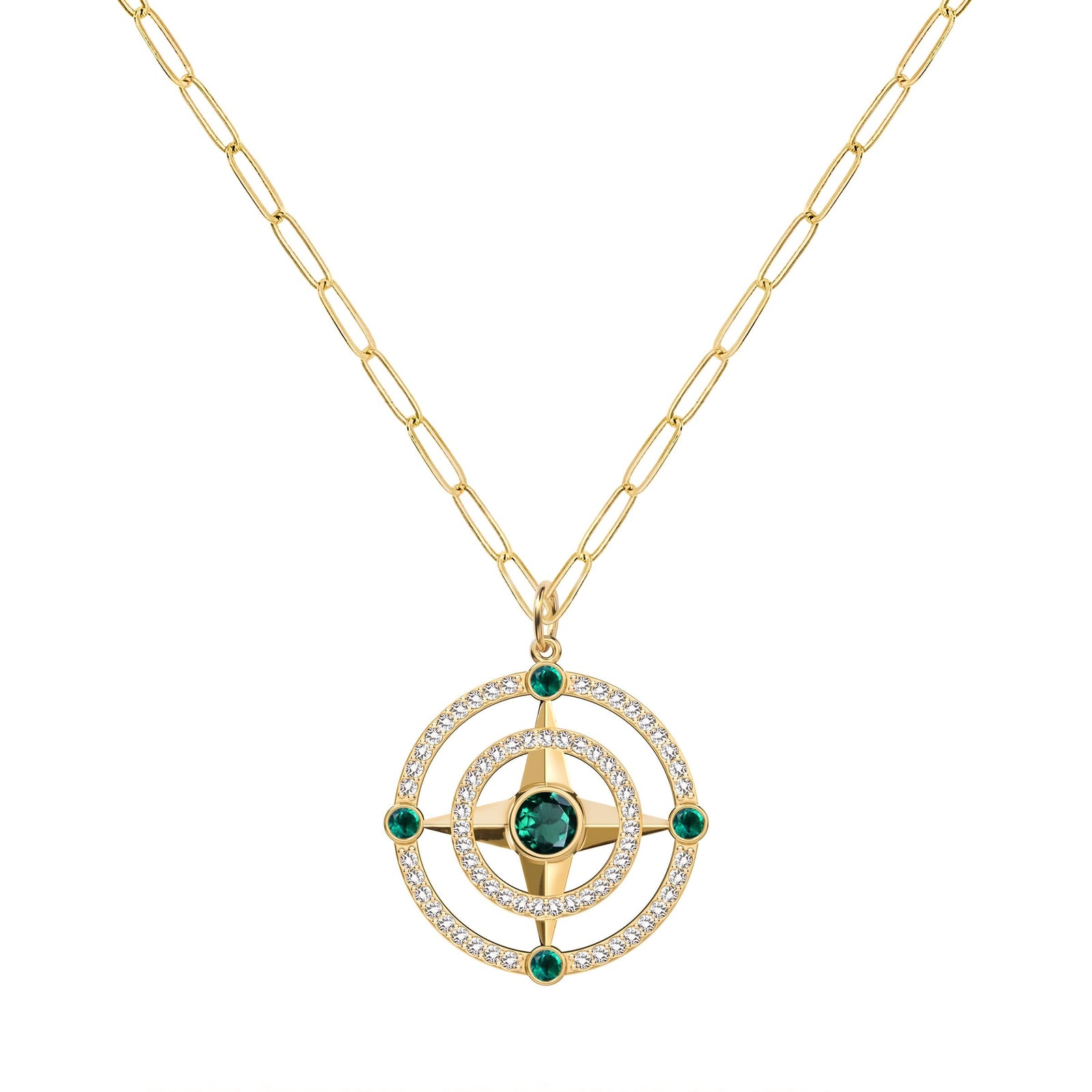 Compass Emerald & Diamond Pendant in 14k Gold (May)