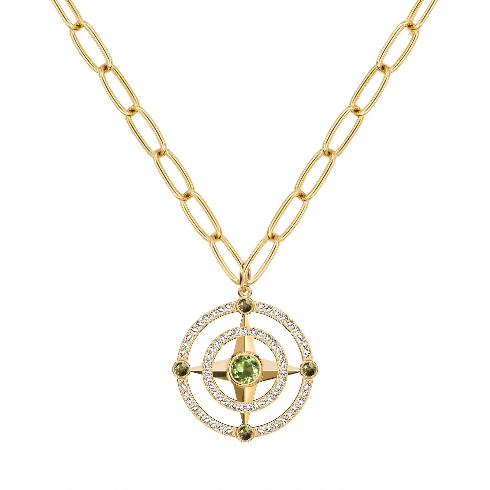 Compass Peridot & Diamond Pendant in 14k Gold (August)