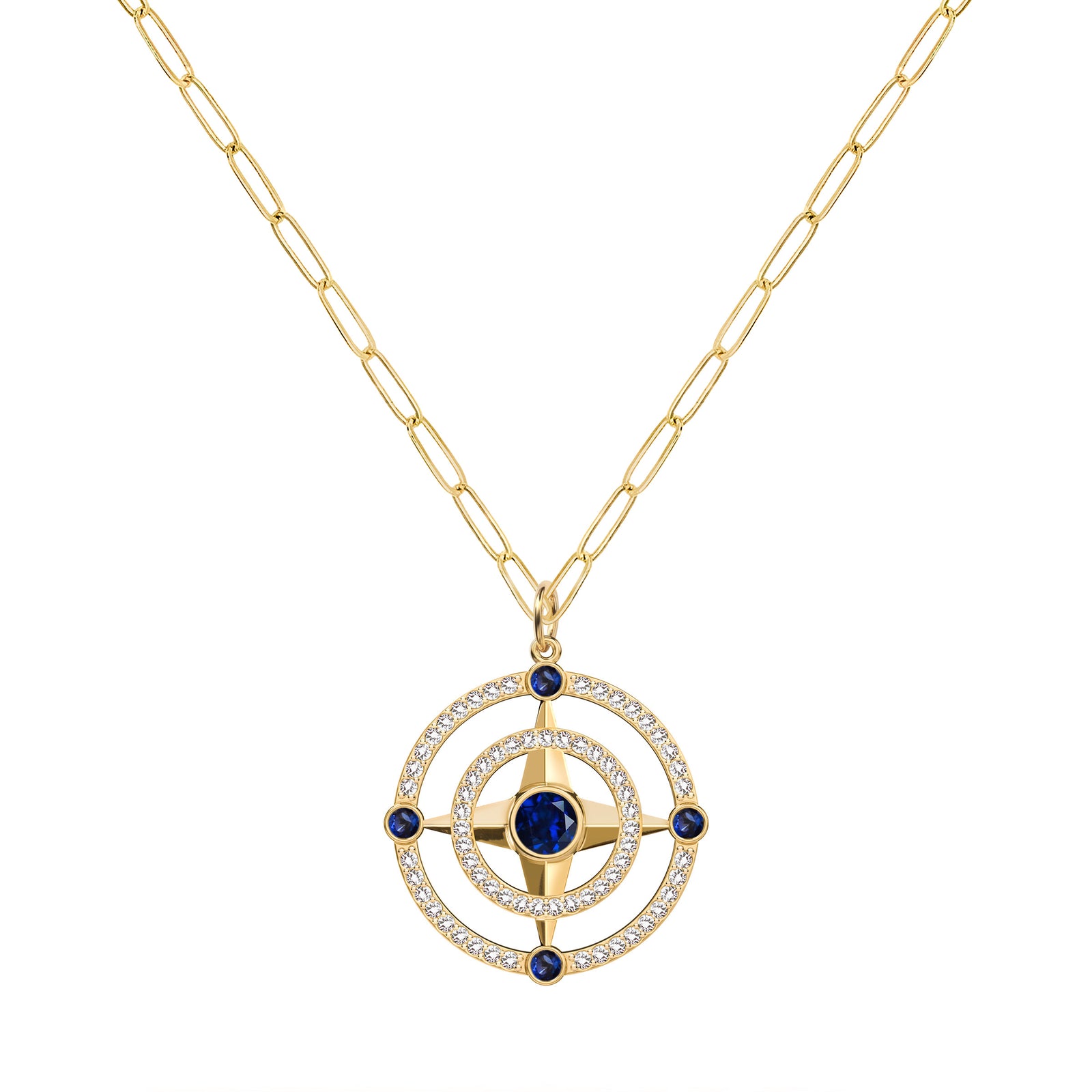 Compass Sapphire & Diamond Pendant in 14k Gold (September)