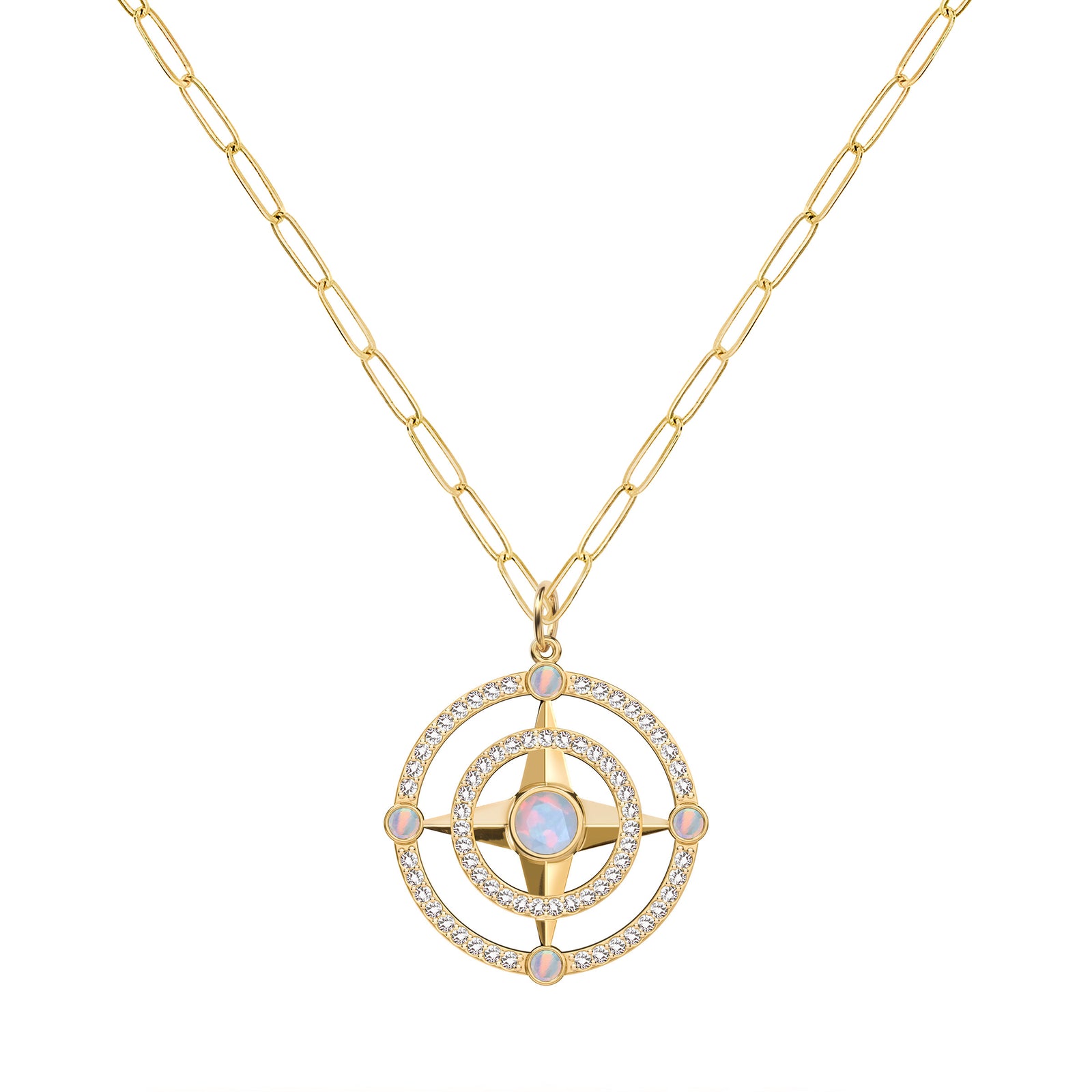 Compass Opal & Diamond Pendant in 14k Gold (October)