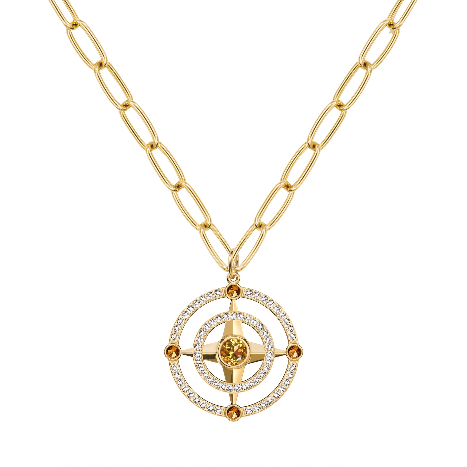 Compass Citrine & Diamond Pendant in 14k Gold (November)