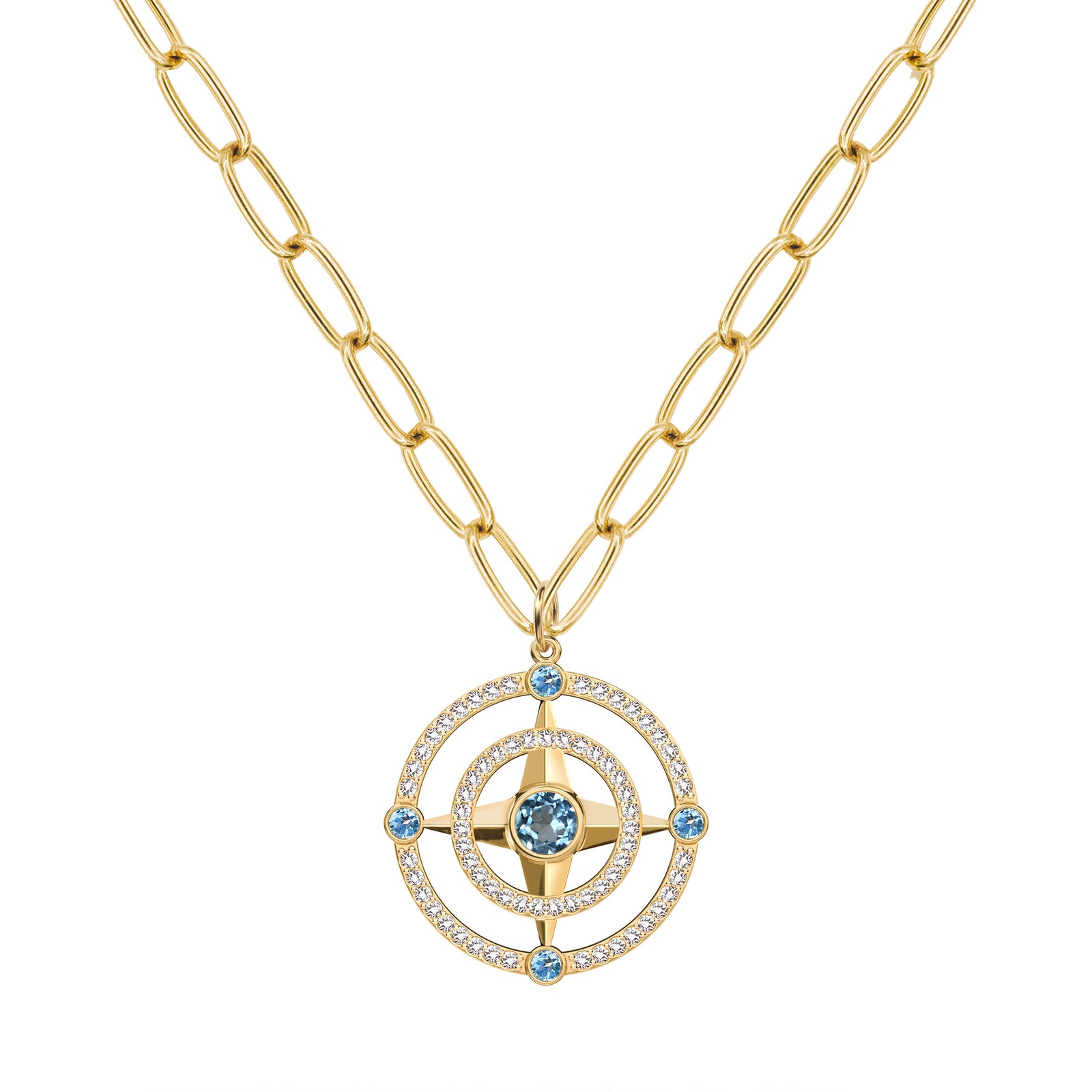 Compass Nantucket Blue Topaz & Diamond Pendant in 14k Gold (December)