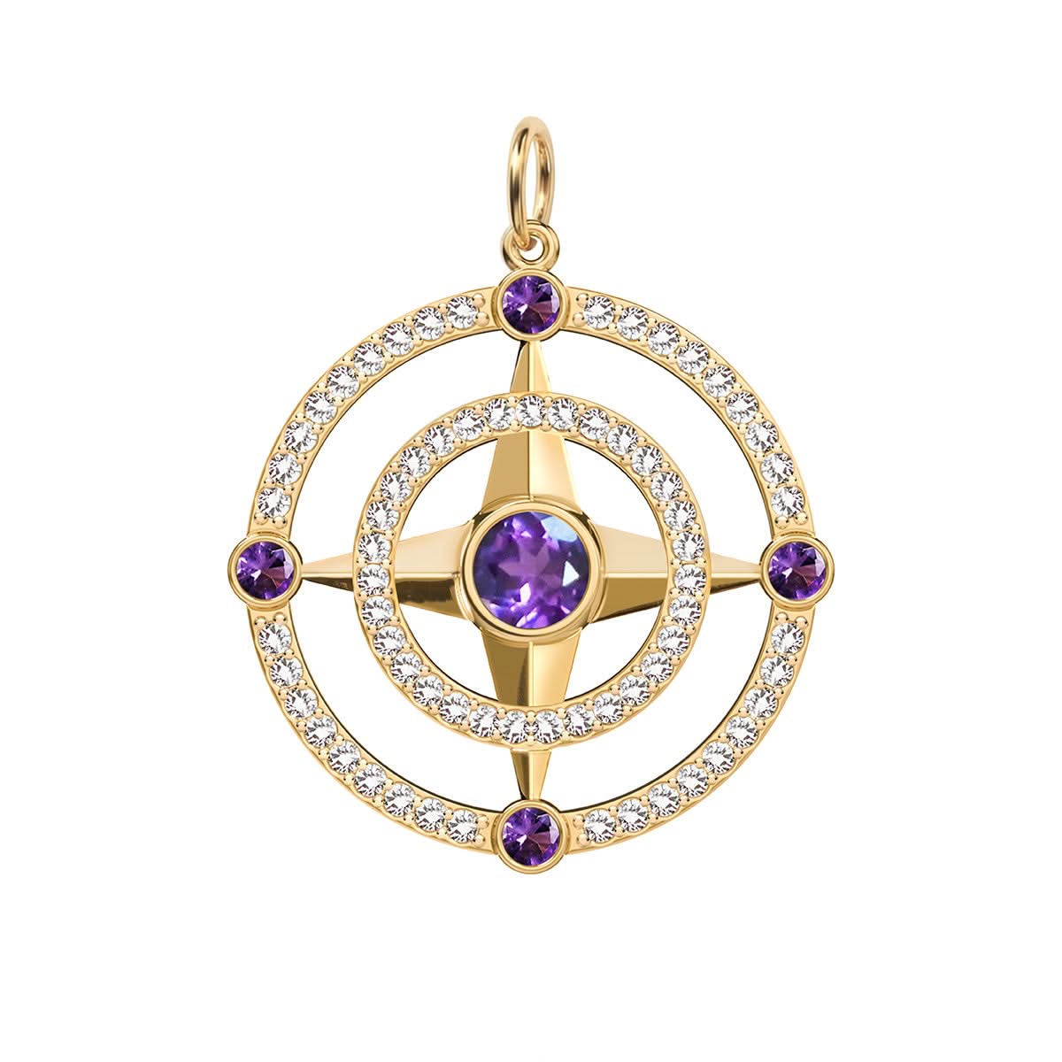 Compass Amethyst & Diamond Pendant in 14k Gold (February)