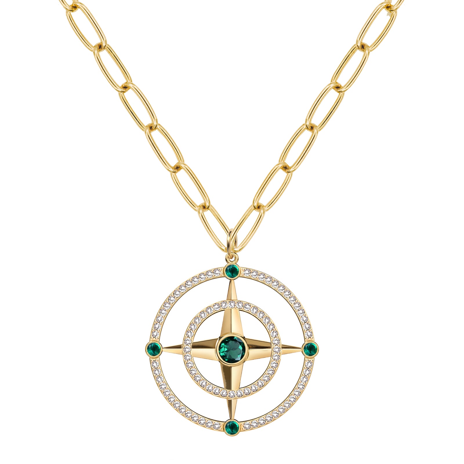 Large Compass Emerald & Diamond Pendant in 14k Gold (May)