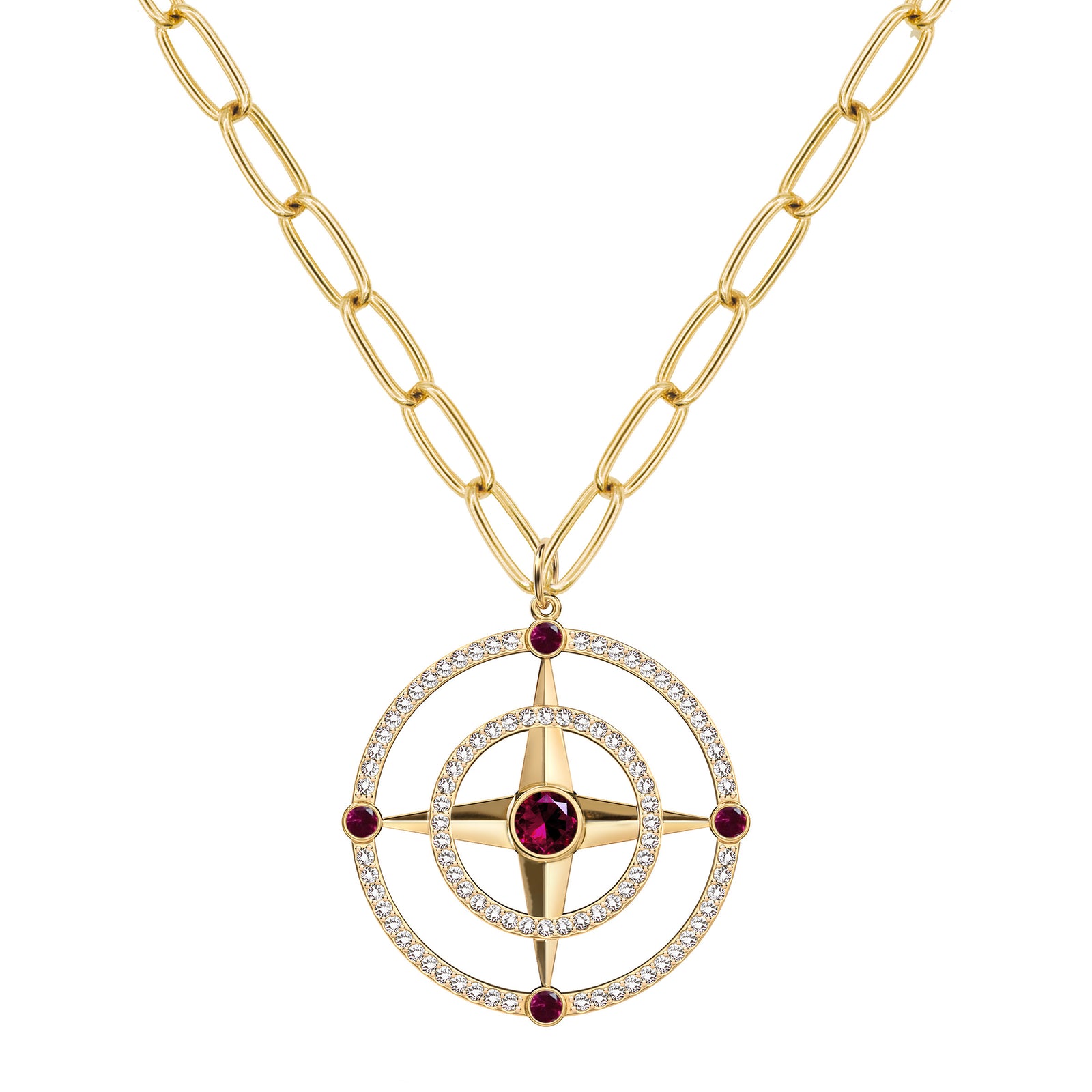 Large Compass Ruby & Diamond Pendant in 14k Gold (July)