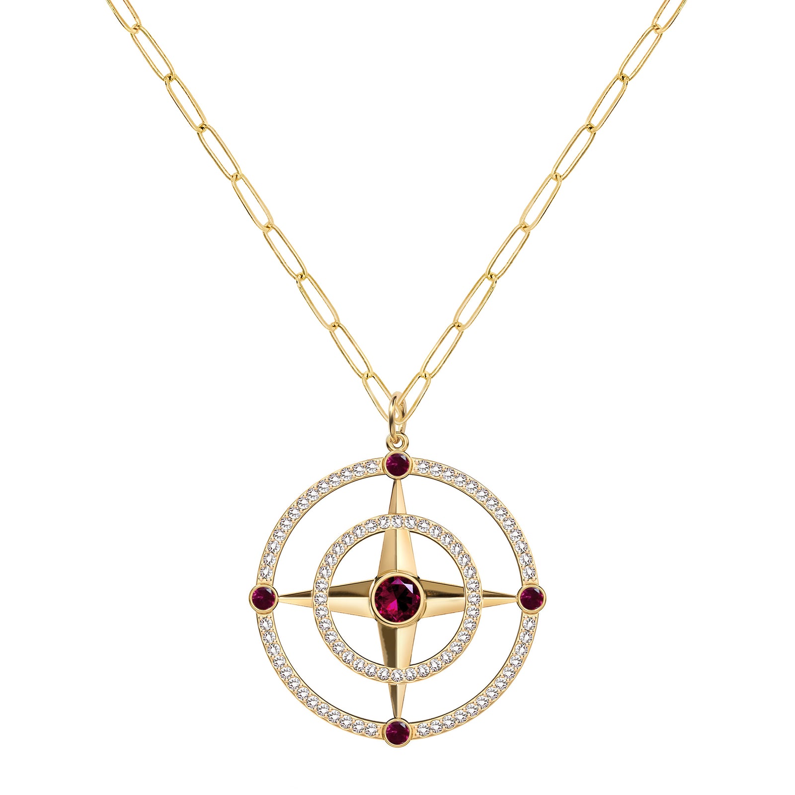 Large Compass Ruby & Diamond Pendant in 14k Gold (July)