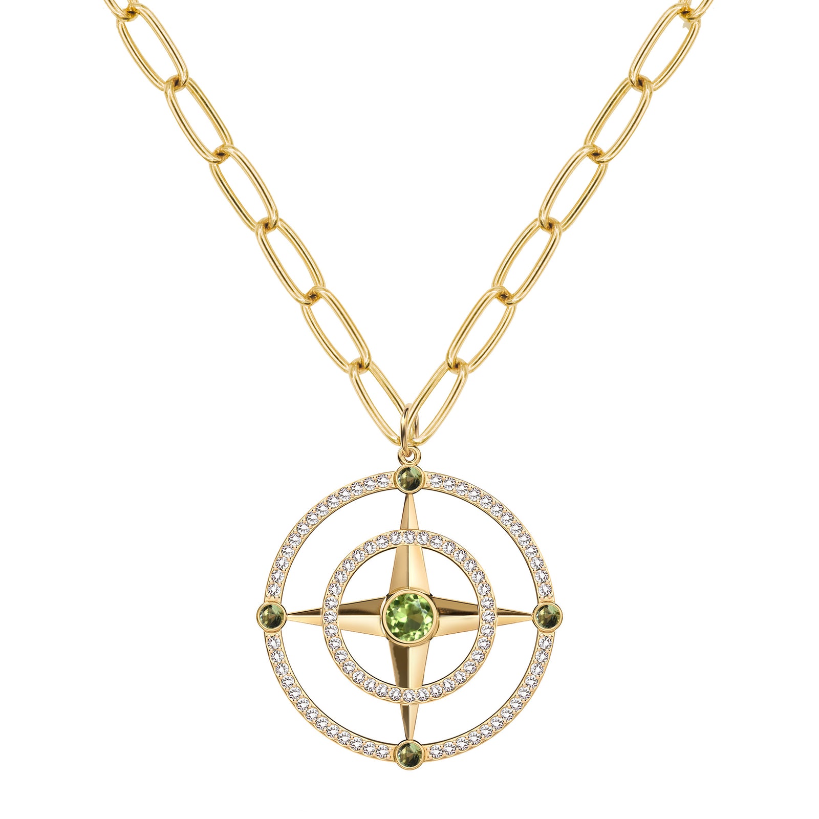 Large Compass Peridot & Diamond Pendant in 14k Gold (August)