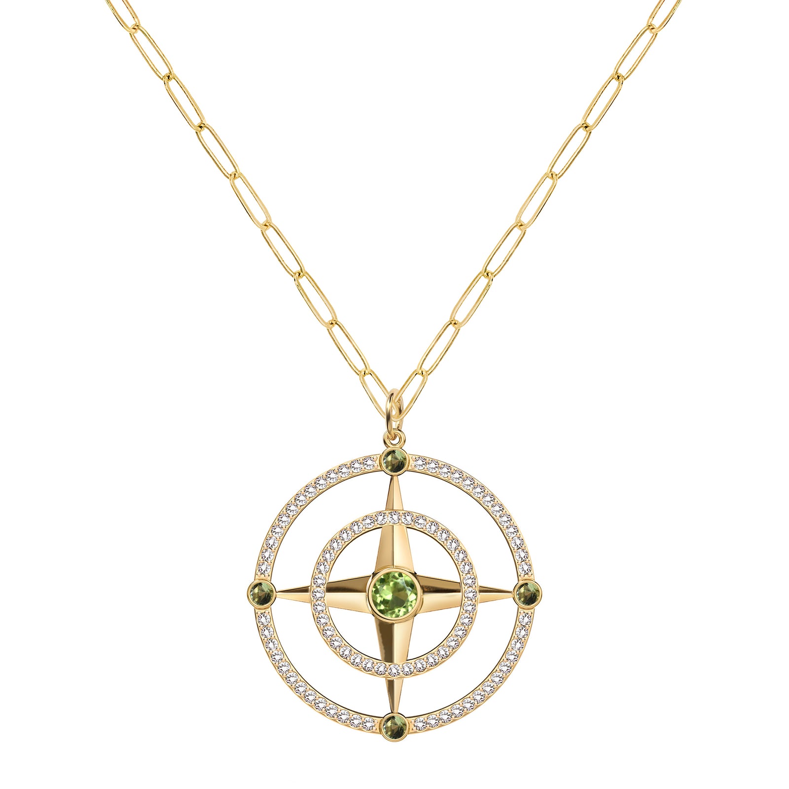 Large Compass Peridot & Diamond Pendant in 14k Gold (August)