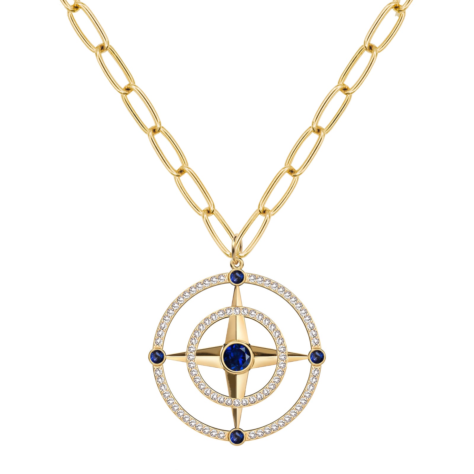 Large Compass Sapphire & Diamond Pendant in 14k Gold (September)