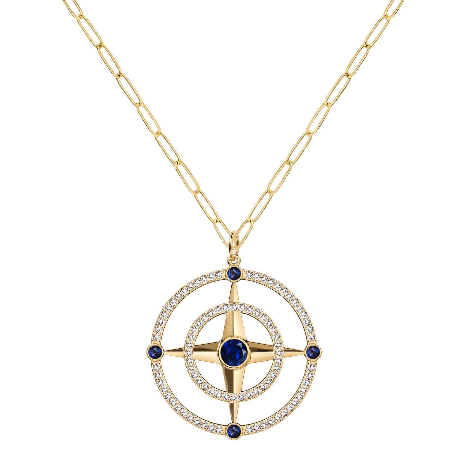 Large Compass Sapphire & Diamond Pendant in 14k Gold (September)