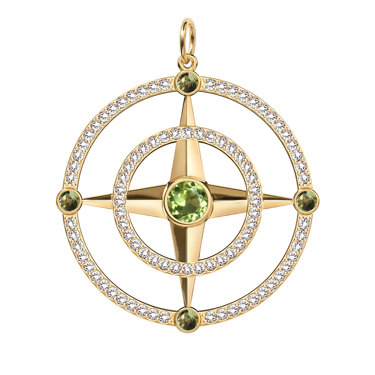 Large Compass Peridot & Diamond Pendant in 14k Gold (August)