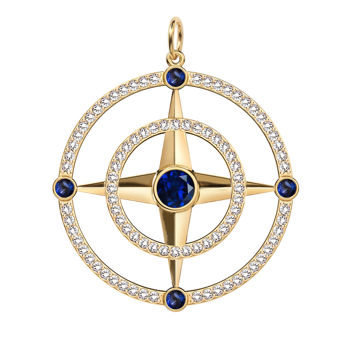 Large Compass Sapphire & Diamond Pendant in 14k Gold (September)