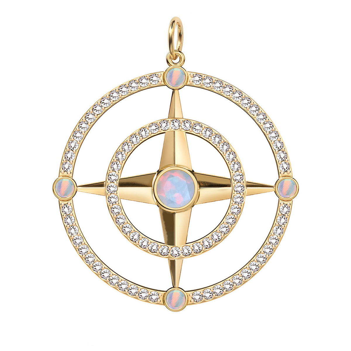 Large Compass Opal & Diamond Pendant in 14k Gold (October)