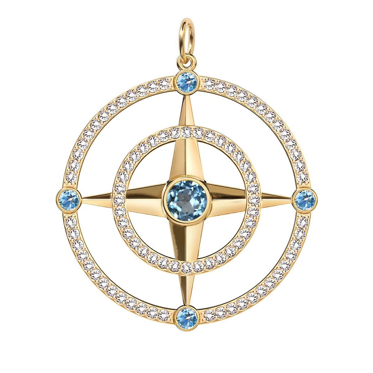 Large Compass Nantucket Blue Topaz & Diamond Pendant in 14k Gold (December)