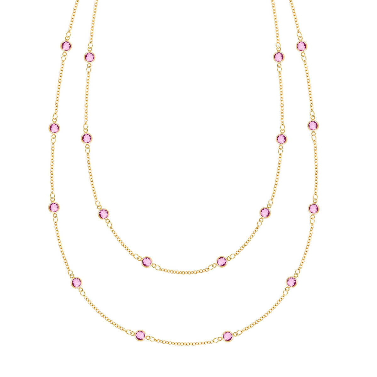 Bayberry Pink Sapphire Long Necklace in 14k Gold (October)