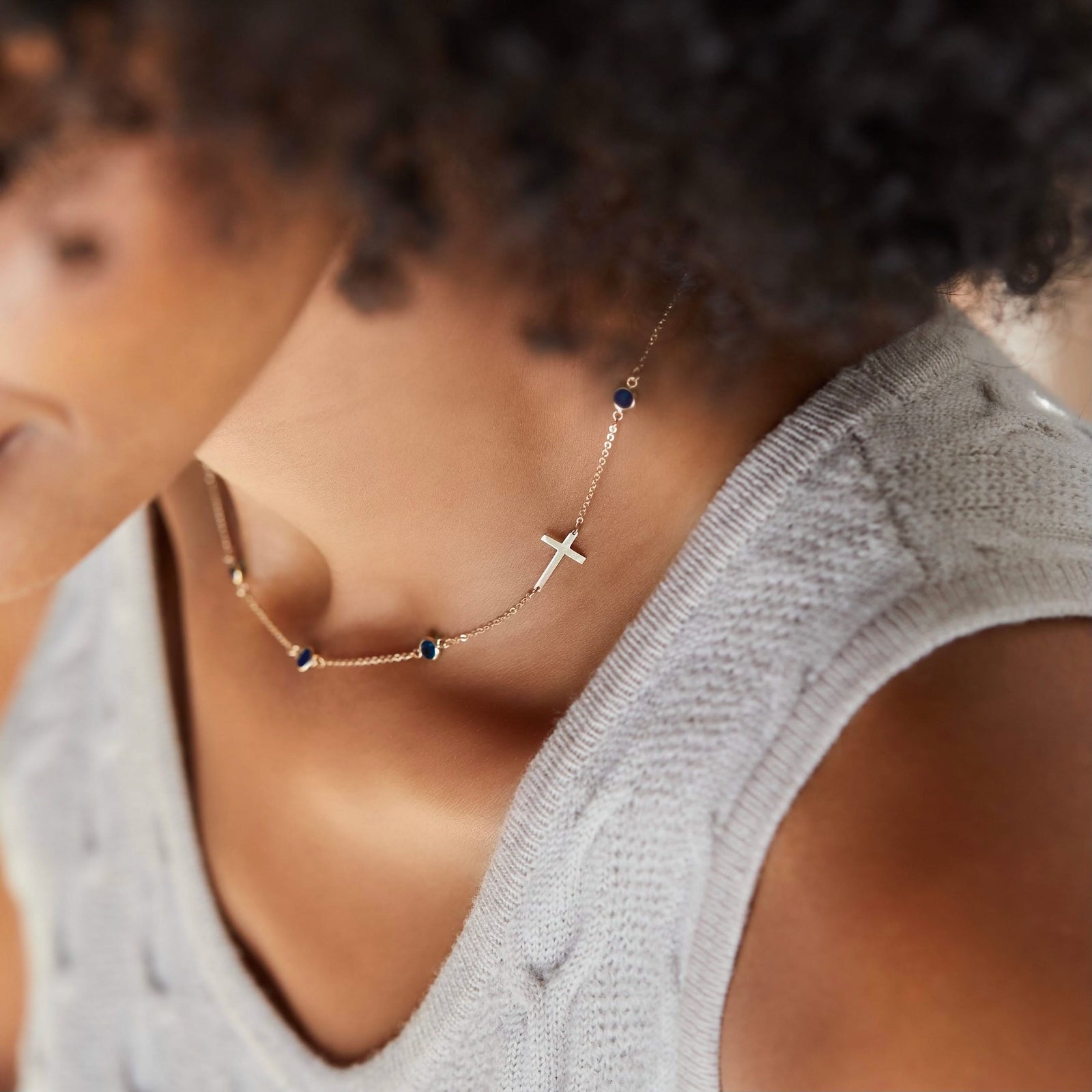 Bayberry Sapphire Birthstone Cross Necklace in 14k Gold (September)