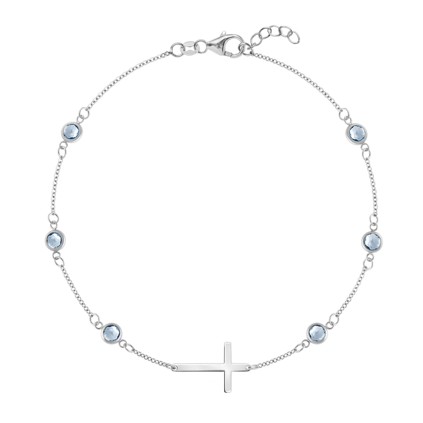 Bayberry Aquamarine Birthstone Cross Bracelet in 14k Gold (March)
