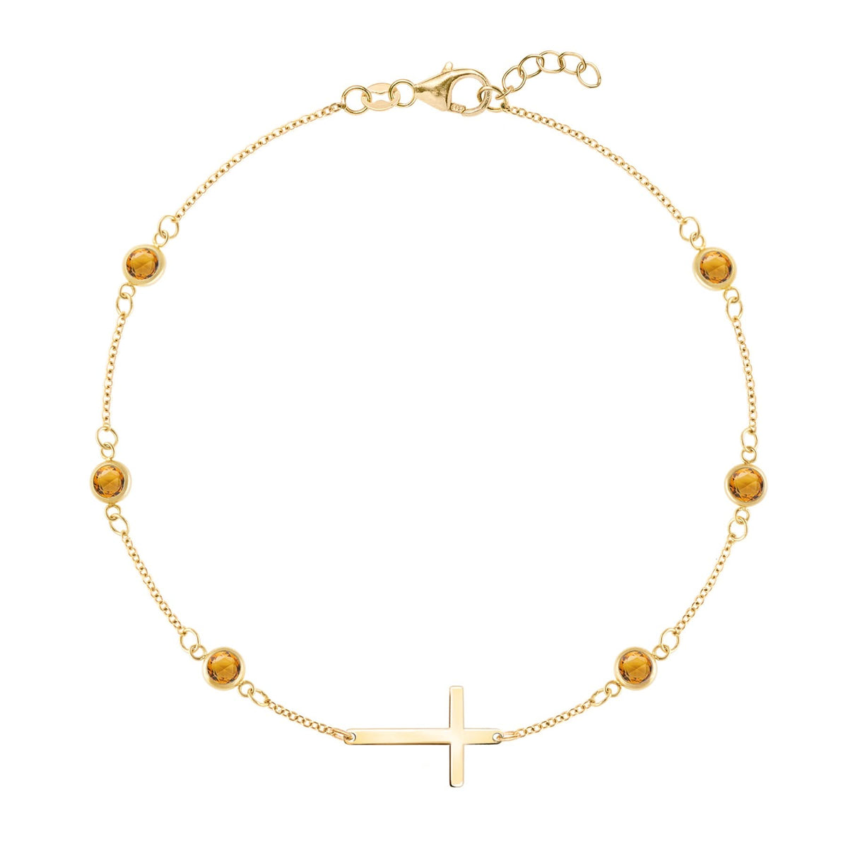 Bayberry Citrine Birthstone Cross Bracelet in 14k Gold (November)