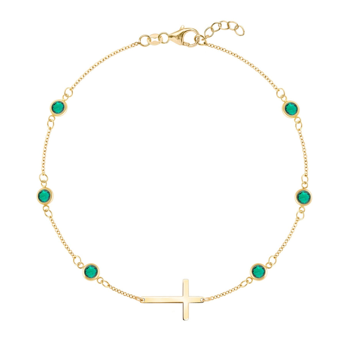 Bayberry Emerald Birthstone Cross Bracelet in 14k Gold (May)