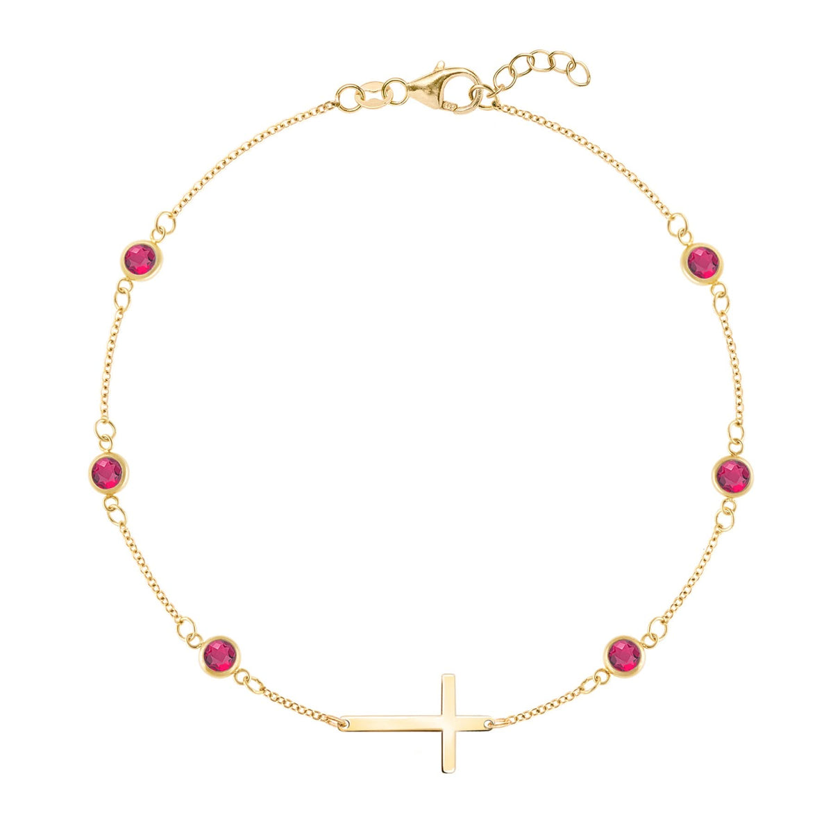 Bayberry Ruby Birthstone Cross Bracelet in 14k Gold (July)