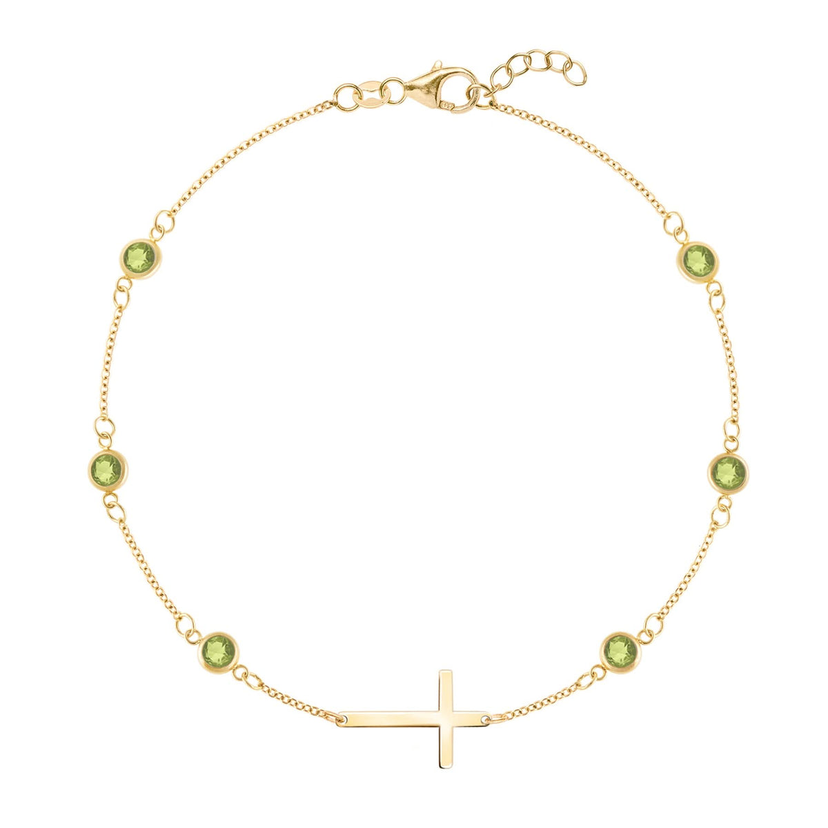 Bayberry Peridot Birthstone Cross Bracelet in 14k Gold (August)