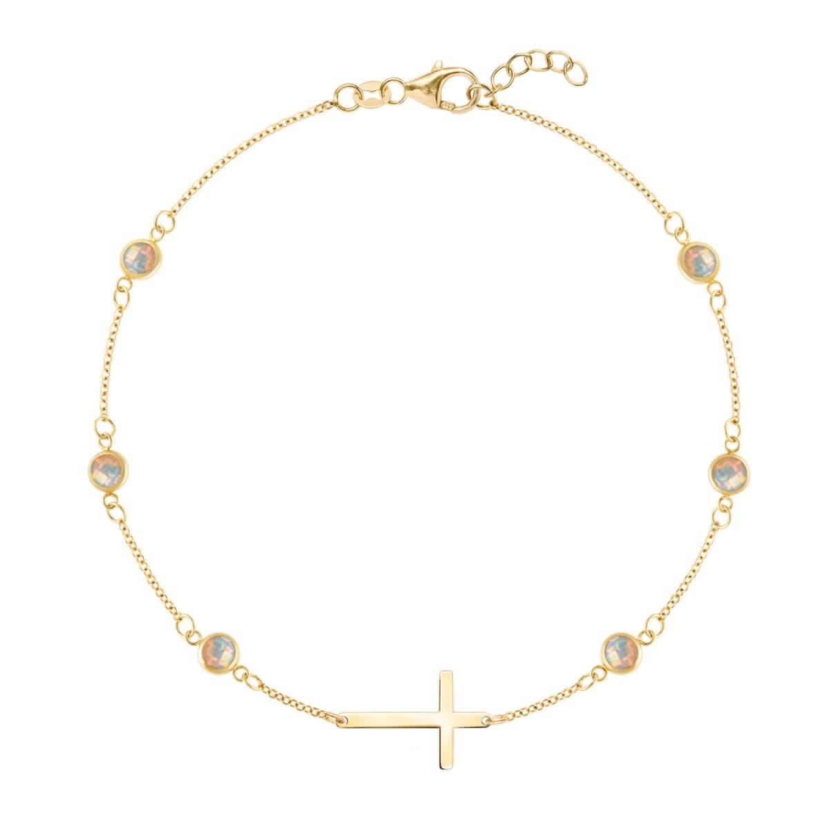 Bayberry Opal Birthstone Cross Bracelet in 14k Gold (October)