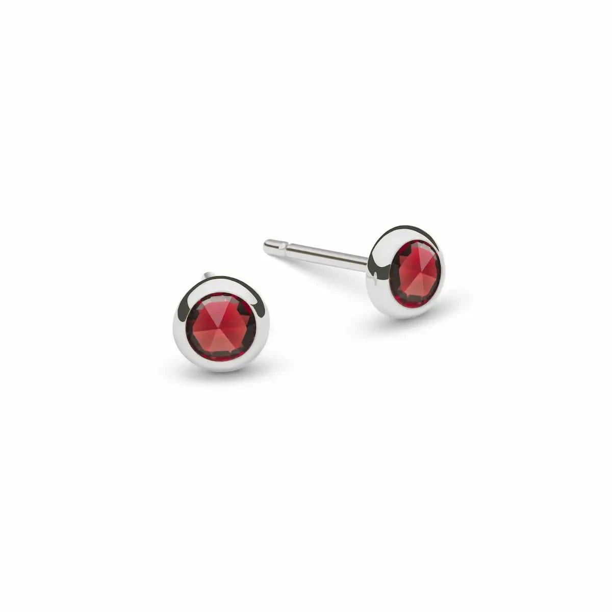 Pair of Birthstone Stud Earrings featuring 4 mm briolette cut Garnet set in beze 14k white gold - front view