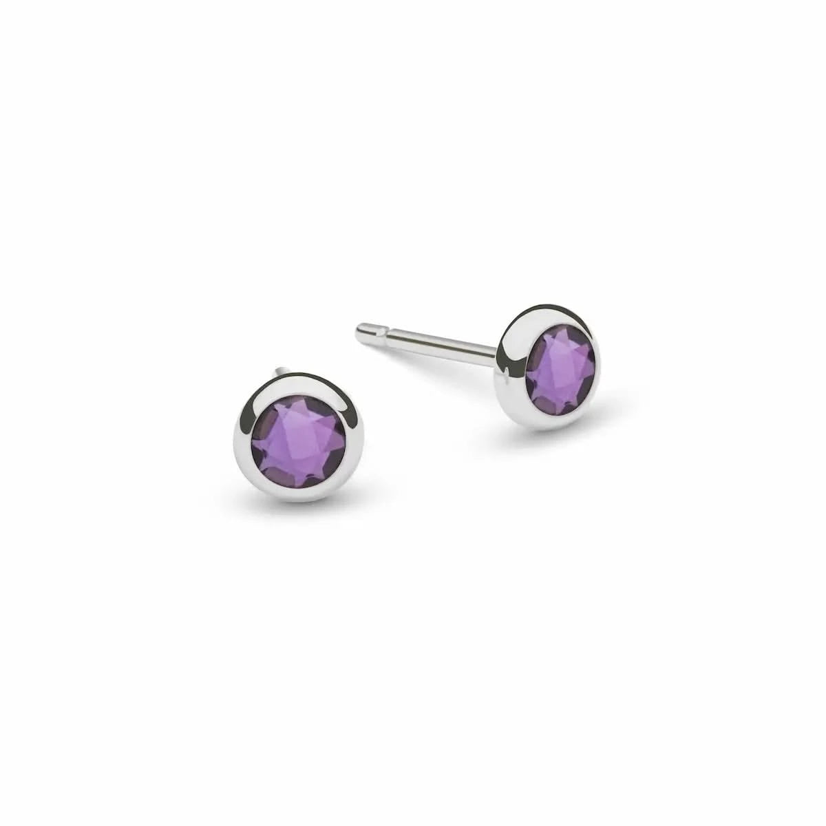 Pair of Birthstone Stud Earrings featuring 4 mm briolette cut Amethysts bezel set in 14k white gold - front view