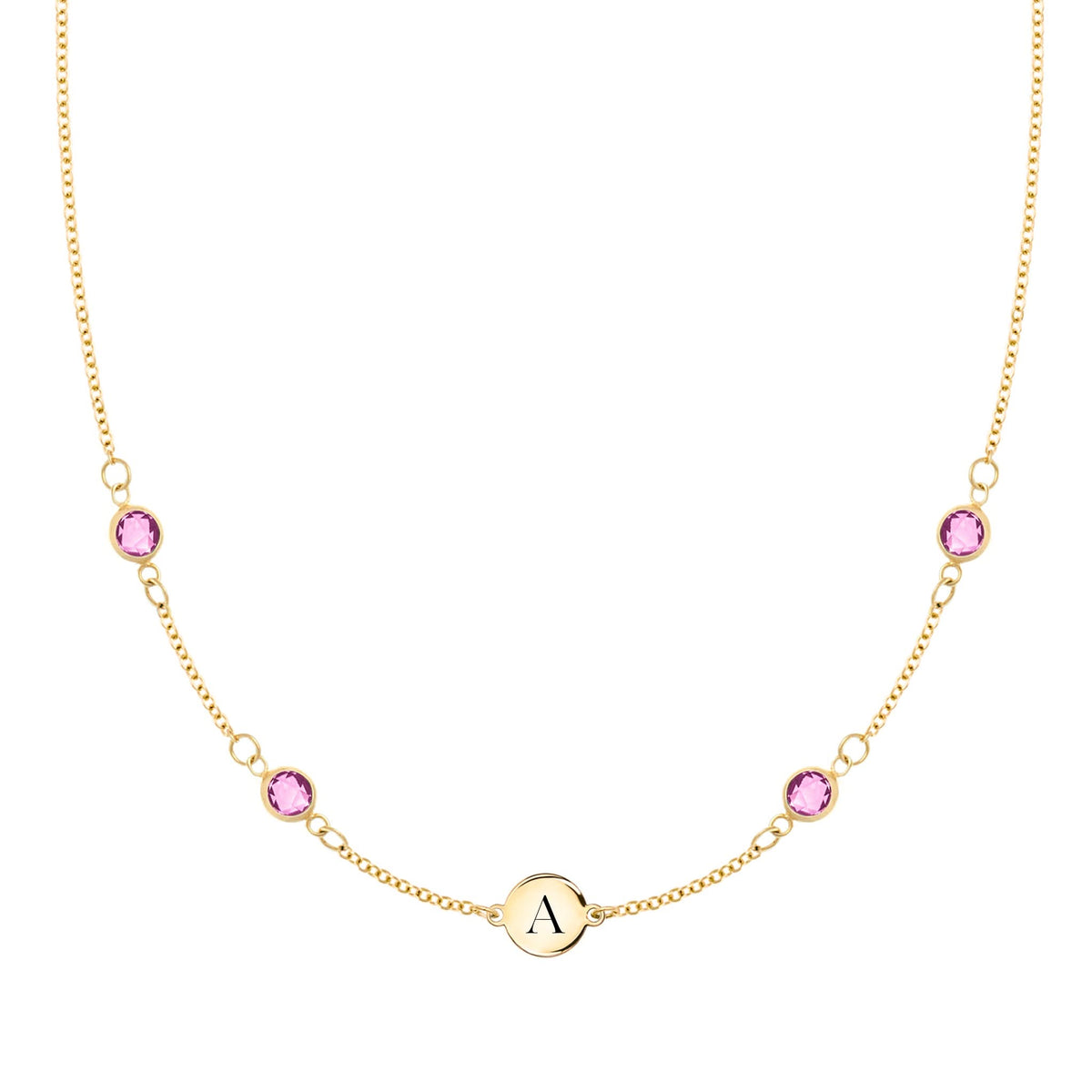 1 Letter & 4 Petite Pink Sapphire Necklace in 14k Gold (October)