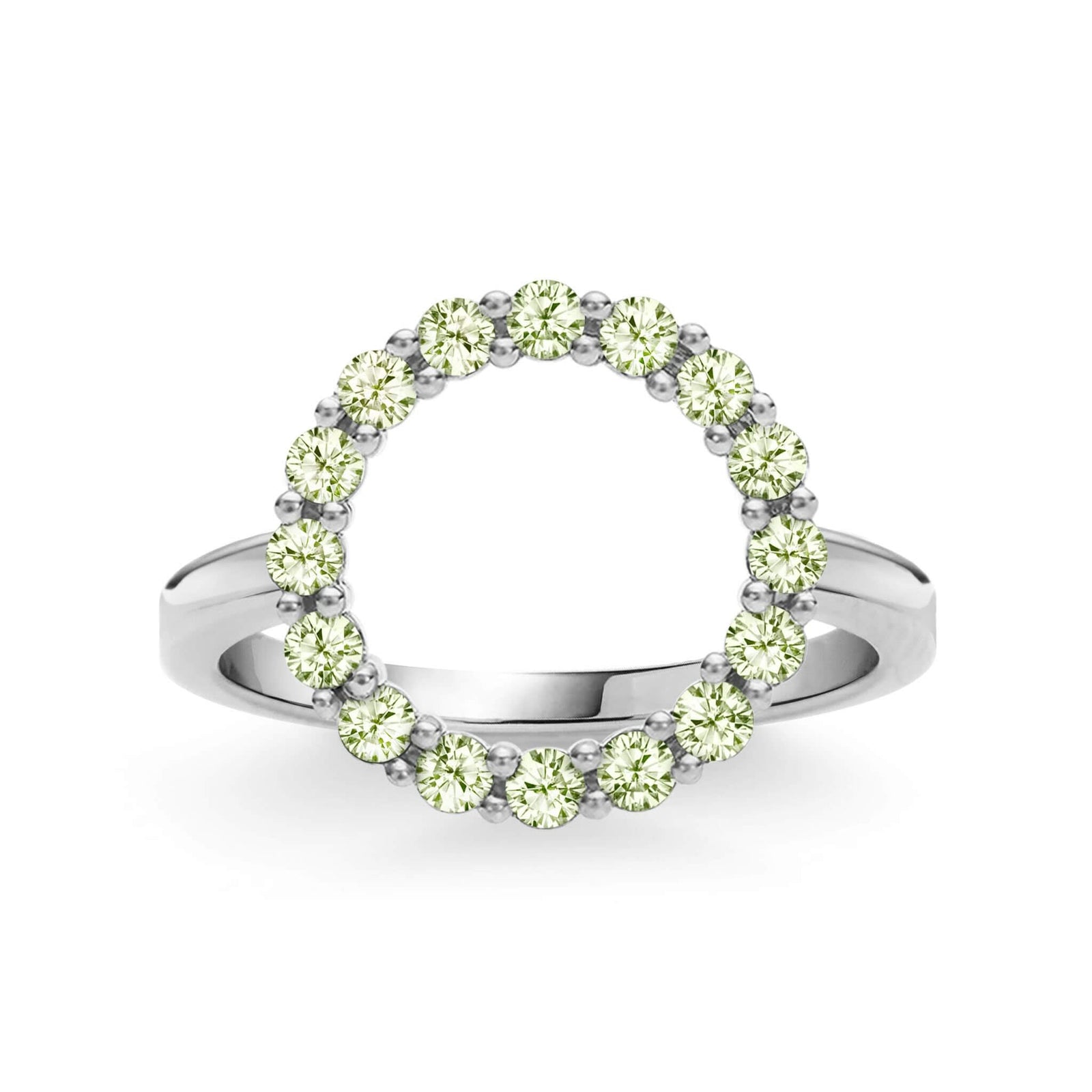 Rosecliff open circle ring featuring sixteen 2mm faceted round cut peridots prong set in 14k white gold