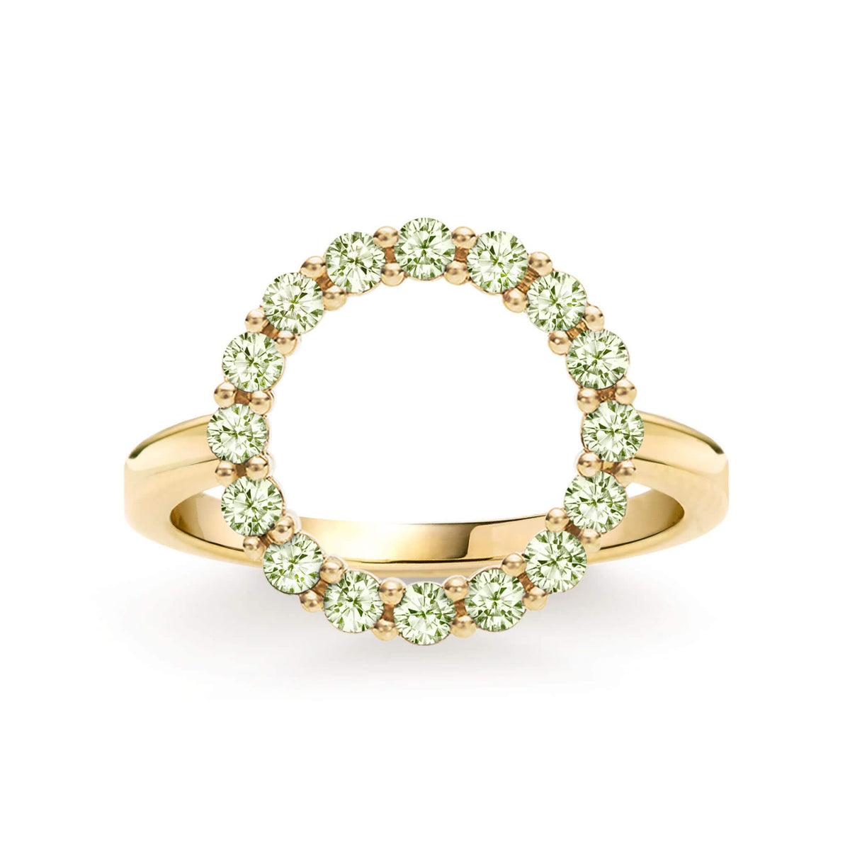 Rosecliff open circle ring featuring sixteen 2mm faceted round cut peridots prong set in 14k yellow gold - front view