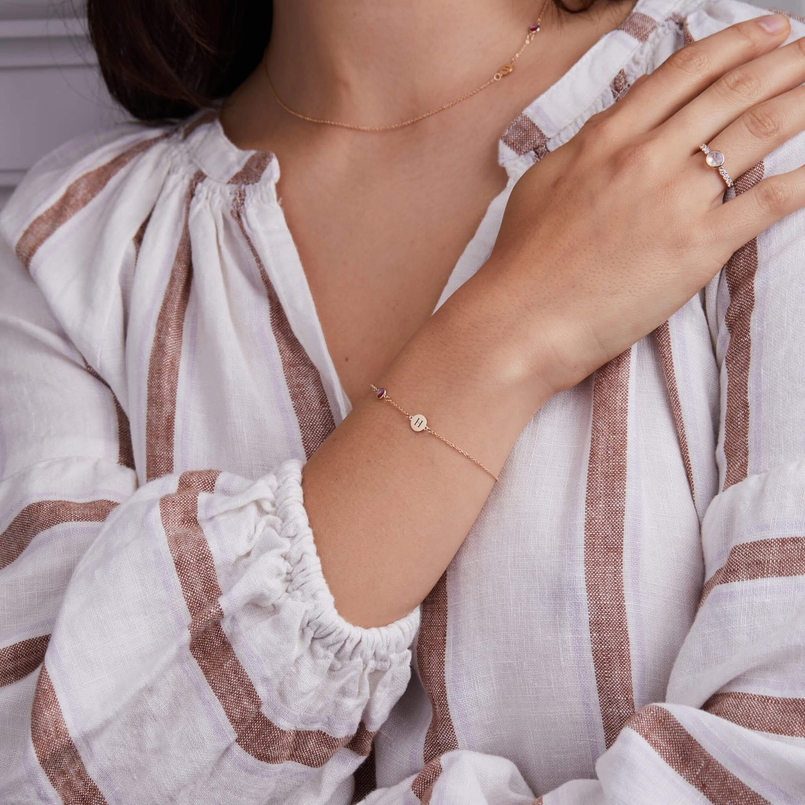1 Letter & 1 Petite Ruby Bracelet in 14k Gold (July)