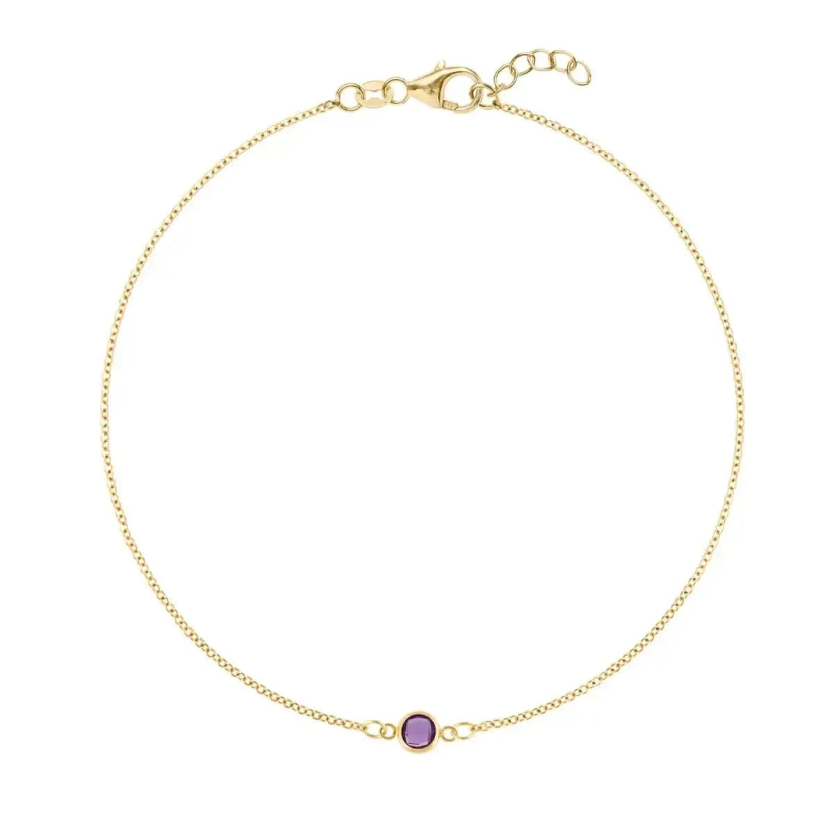 Classic cable chain bracelet featuring one briolette cut amethyst bezel set in 14k yellow gold - front view