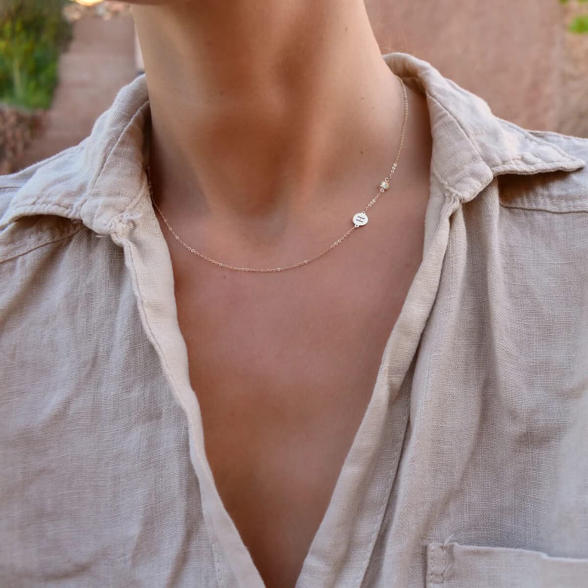 1 Letter & 1 Petite Opal Necklace in 14k Gold (October)